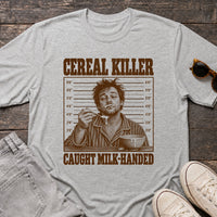 Load image into Gallery viewer, Cereal Killer - Funny Pun Shirt in Athletic Heather, props flat