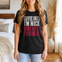 Load image into Gallery viewer, Coffee Until Nice, Wine Until Honest - Funny Wine Lover Shirt in Black Heather, woman, no face