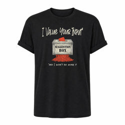 I Value Your Input - Suggestion Box Tee in Black, ghost front