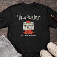 Load image into Gallery viewer, I Value Your Input - Suggestion Box Tee in Black, props flat