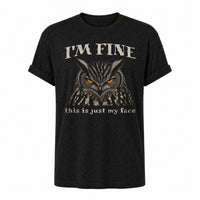 Load image into Gallery viewer, I'm Fine This is Just My Face - Resting Face Introvert Owl Tee - Repeat Offender in Black Heather, ghost front
