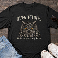 Load image into Gallery viewer, I'm Fine This is Just My Face - Resting Face Introvert Owl Tee - Repeat Offender in Black Heather, props flat