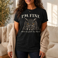 Load image into Gallery viewer, I'm Fine This is Just My Face - Resting Face Introvert Owl Tee - Repeat Offender in Black Heather, woman, no face
