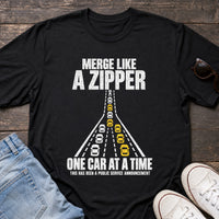 Load image into Gallery viewer, Merge Like a Zipper - Driving T Shirt in Black, props flat