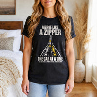 Load image into Gallery viewer, Merge Like a Zipper - Driving T Shirt in Black, woman, no face