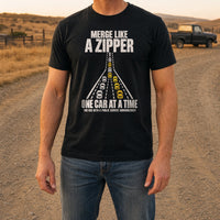 Load image into Gallery viewer, Merge Like a Zipper - Driving T Shirt in Black, man, no face