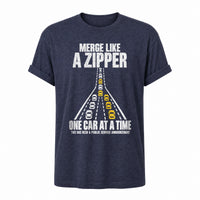 Load image into Gallery viewer, Merge Like a Zipper - Driving T Shirt in Heather Navy, ghost front