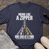 Load image into Gallery viewer, Merge Like a Zipper - Driving T Shirt in Heather Navy, props flat