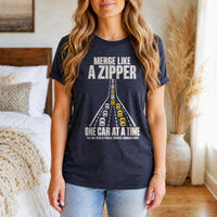Load image into Gallery viewer, Merge Like a Zipper - Driving T Shirt in Heather Navy, woman, no face