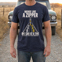 Load image into Gallery viewer, Merge Like a Zipper - Driving T Shirt in Heather Navy, man, no face