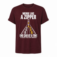 Load image into Gallery viewer, Merge Like a Zipper - Driving T Shirt in Maroon, ghost front