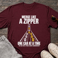 Load image into Gallery viewer, Merge Like a Zipper - Driving T Shirt in Maroon, props flat