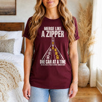 Load image into Gallery viewer, Merge Like a Zipper - Driving T Shirt in Maroon, woman, no face