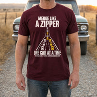 Load image into Gallery viewer, Merge Like a Zipper - Driving T Shirt in Maroon, man, no face