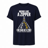 Load image into Gallery viewer, Merge Like a Zipper - Driving T Shirt in Navy, ghost front