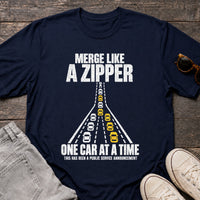 Load image into Gallery viewer, Merge Like a Zipper - Driving T Shirt in Navy, props flat