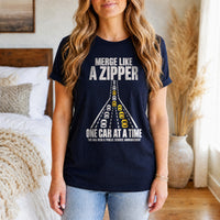 Load image into Gallery viewer, Merge Like a Zipper - Driving T Shirt in Navy, woman, no face