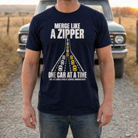 Load image into Gallery viewer, Merge Like a Zipper - Driving T Shirt in Navy, man, no face