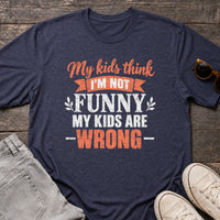 Load image into Gallery viewer, Moms: Kids Think I'm Not Funny - Mom Jokes Tee in Heather Navy, props flat