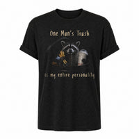 Load image into Gallery viewer, One Man's Trash is My Entire Personality - Funny Trash Panda Raccoon T Shirt - Repeat Offender in Black Heather, ghost front