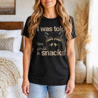 Load image into Gallery viewer, I Was Told There Would Be Snacks - Funny Raccoon Shirt - Repeat Offender in Black Heather, woman, no face