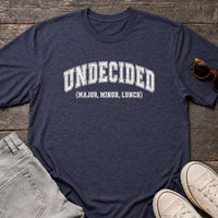Load image into Gallery viewer, Undecided Major Minor Lunch - College Student Shirt in Heather Navy, props flat